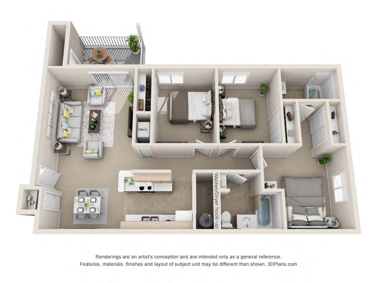 Floor plan for 3 beds, 2 baths, 1200 sqft